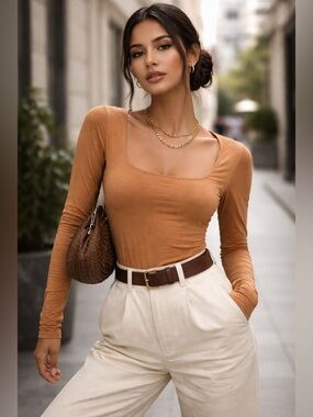 Everlane Long-Sleeve Scoop Neck Bodysuit — Rust Brown